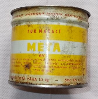 Stará plechovka META AV2, Tuk mazací, Benzina. - 3