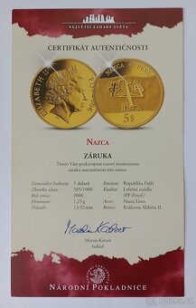 Inv. zlatá mince 1,25 g, Au 585, Nazca s certifikátem - 3