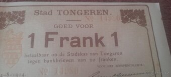 BELGICKÁ NOUZOVÁ BANKOVKA - 1 FRANK TONGEREN VYDÁNÍ 14. 8. 1 - 3