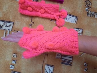 Čepice + bezprstové pletené rukavice - 3