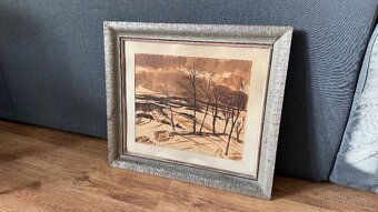 🖼️ Akvarel – zimní krajina, signováno Kracík, pův. rám - 3