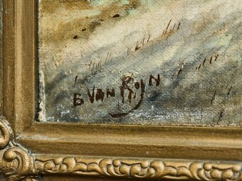 Zimní krajina s postavami na zamrzlé řece, olej na dřevěné d - 3