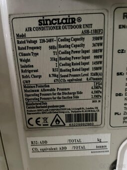 Prodám klimatizaci Sinclair ASH-13BIF2 3,5kW - 3