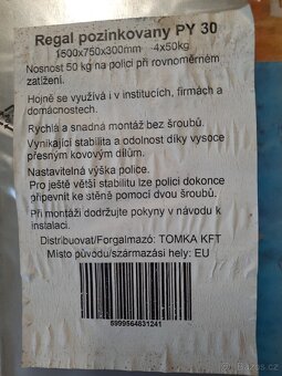 Železný pozinkovaný regál 150 x 75 x 30 cm,4 x kg,nový - 3