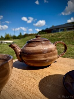 Keramická čajová souprava – točená hnědá glazura - 3