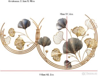 Zlatá 3D nástěnná dekorace – páv a listy Ginkgo - 3