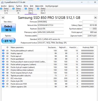 2x sata SSD 512GB Samsung 850 Pro životnost 99% a PM851 83% - 3