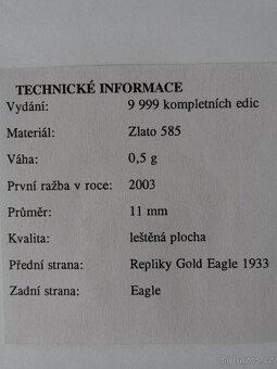 Zlatá mince Gold Eagle, 0,5 gr, 585Au s certifikátem - 3
