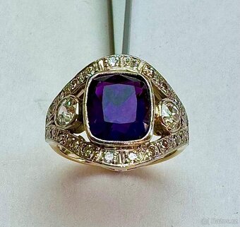 MIMOŘÁDNÝ 14K ZLATÝ ART DECO PRSTEN S AMETYSTEM A DIAMANTY - 3