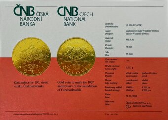 Zlatá mince 10000 Kč, 1oz. 100 let výročí založení ČSR. 2018 - 3