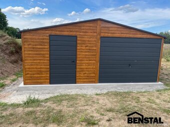 Plechová garáž PREMIUM 6x5 s boční šikmou střechou, barva dř - 3