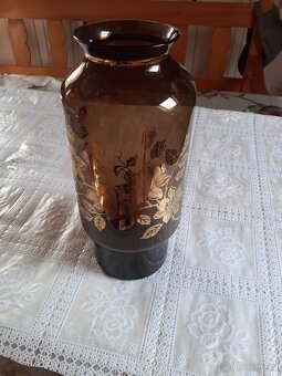 Retro džbán růžové sklo ,zlacená mísa, vázy - 3