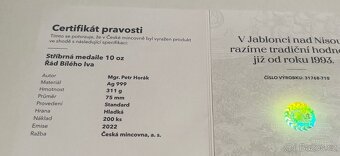 stříbrná 10oz medaile Rád Bíleho lva,bk,2022,jenom 200ks - 3