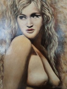 obraz DÍVKA S MODRÝM ŠÁTKEM, akt, olej, M. Novotný 1990 - 3