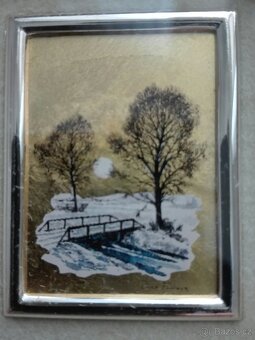 Umělecká litografie na zlaté fólii v dřevěném rámečku - 3