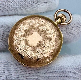14K ZLATÉ KAPESNÍ HODINKY REMONTOIR S FLORÁLNÍM MOTIVEM - 3