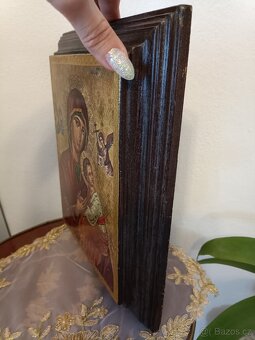 Starožitná dřevěná, zlacená Ikona. Značeno. - 3