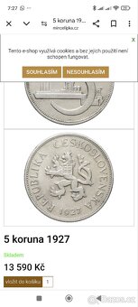 Vzácná mince 5kč 1927 Cu,ni.v top stavu - 3