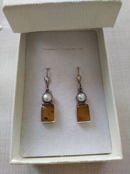 Náušnice STŘÍBRNÉ -Jantar a perly - 3
