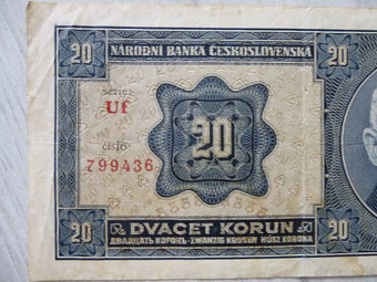 Stará BANKOVKA 20 Kčs, RAŠÍN/ŠTEFÁNIK r. 1926 série Uf - 3