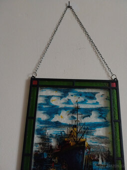 Starší skleněná vitráž do okna, sklo a kov - 3