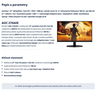 Herní monitor 27" AOC 27G42E Gaming, FULL-HD, 180Hz, 1ms - 3