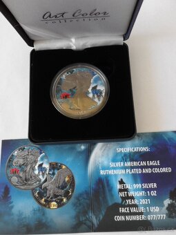 Stříbrná , číslovaná ,kolorovaná mince vlk, 1 oz - 3