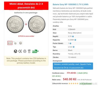 Sony WF-1000XM3, náhradní baterie 3.7V / 0.24Wh - 3
