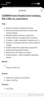 Boční markýza 160cm/ 2x300cm nová - 3