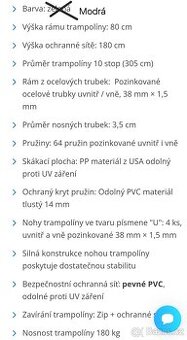 Modrá trampolína 305cm +schůdky +plachta - 3