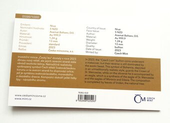 zlatá mince - Český lev 1/25oz  2023 - číslovaný - 3