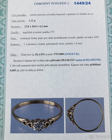 Zlatý prsten s diamantem 1,10g, 9 kt, 375/1000 velikost 56,5 - 3