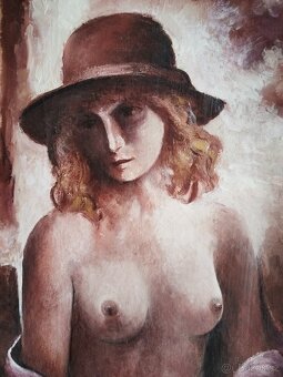 obraz DÍVKA V KLOBOUKU, akt, olej, nesignováno - 3