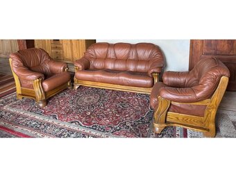 Rustikální kožená dubová sedací souprava,3791 - 3