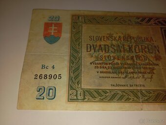 VZÁCNÁ BANKOVKA 20 SK, 1939, NÍZKÁ SÉRIE, NEPERFOROVANÁ - 3