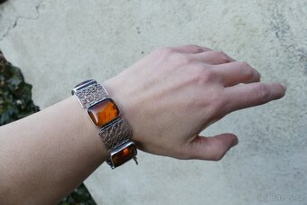 Luxusní stříbrný Art Deco náramek jantar, filigrán - 3