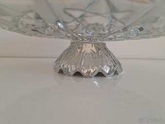 Skleněná, stříbrná retro mísa na nožce – lisované sklo - 3