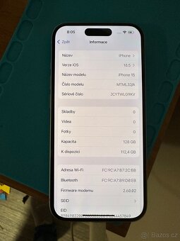 iPhone 15 – 128 GB – světle modrá – 96 % baterie – TOP STAV - 3