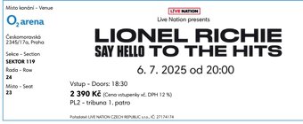LIONEL RICHIE, Praha 6.7., 2 vstupenky+parkovné - 3