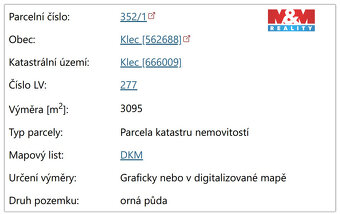 Prodej 1/6 podílu zemědělský pozemek, 3095 m², Klec - 3