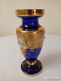 Modrá váza - Novoborské sklo, vysoký smalt, zlacená - 3