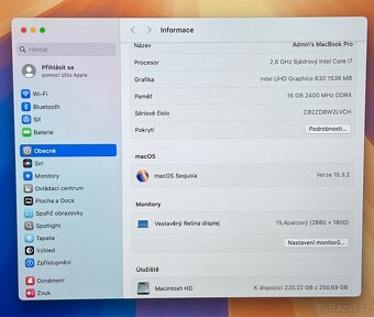 MacBook Pro 15” 2019/16GB RAM/Intel i7/256GB SSD/ Záruka - 3