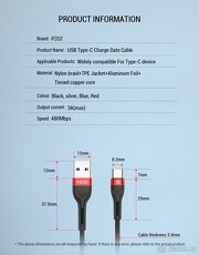 Kabel USB C, nový kvalitní opletený 2m - 3