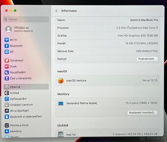 MacBook Pro 15” 2017/16GB RAM/Intel i7/512GB SSD/ Záruka - 3