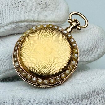 18K CELOZLATÉ ŠVÝCARSKÉ KAPESNÍ HODINKY S PERLIČKA - 3
