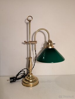 mosazná stylová lampa, lampička, bankéřka, zelené stínidlo - 3