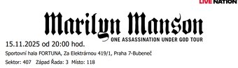 2x Vstupenka -- Místa u sebe -- Marilyn Manson -- Praha - 3