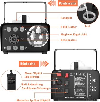 HAKUTA mlhový stroj, 600W s disco koulí a LED RGB světly - 3