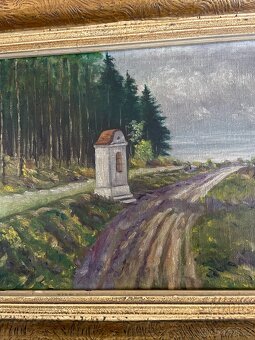 Starý obraz-olej na plátně"KAPLIČKA U LESA" - 3