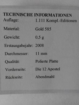 Nejmenší mince světa 0,5 gr 12.apoštolů , zlato 585/1000 - 3
